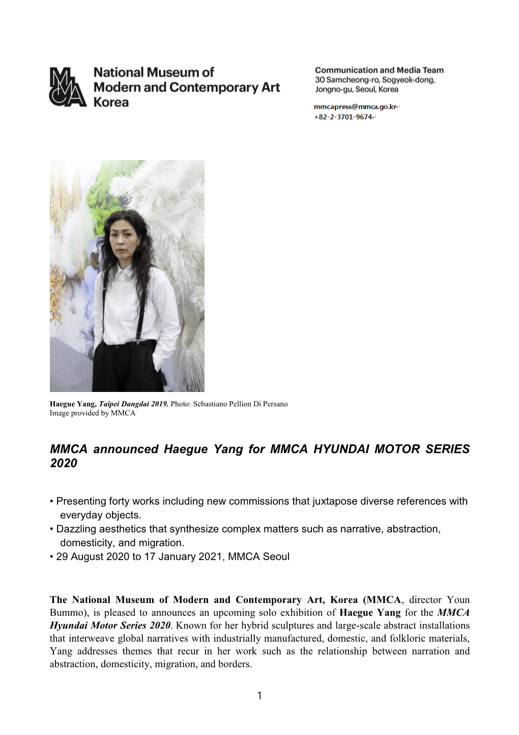 MMCA Announced Haegue Yang for MMCA HYUNDAI MOTOR SERIES 2020