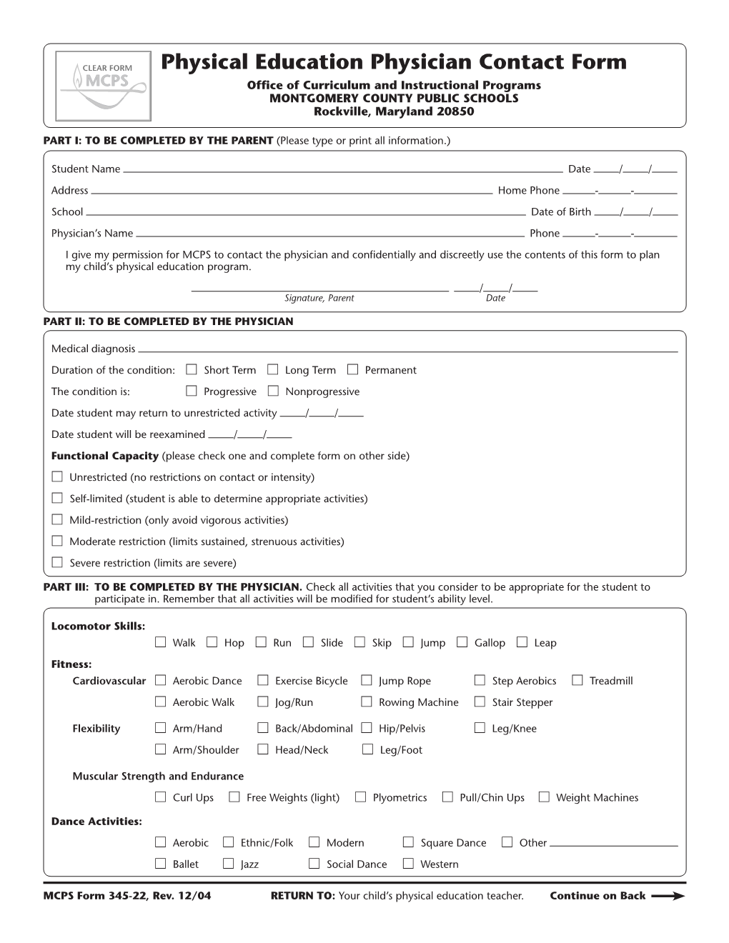 Physical Education Physician Contact Form Ofﬁce of Curriculum and Instructional Programs MONTGOMERY COUNTY PUBLIC SCHOOLS Rockville, Maryland 20850