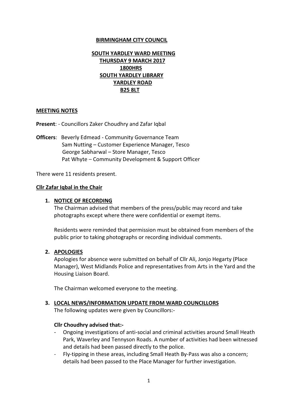 Birmingham City Council South Yardley Ward