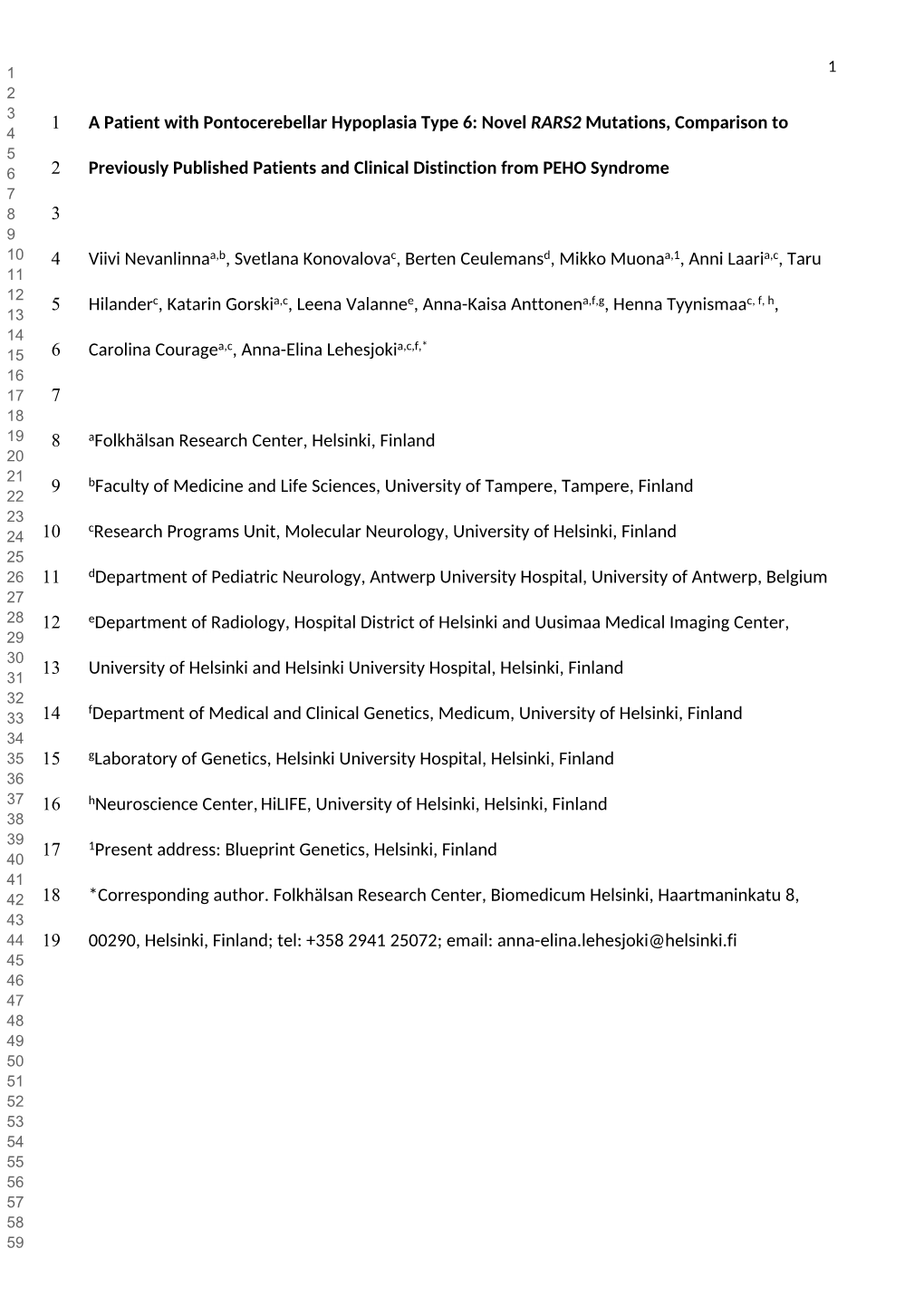 1 a Patient with Pontocerebellar Hypoplasia Type 6: Novel RARS2