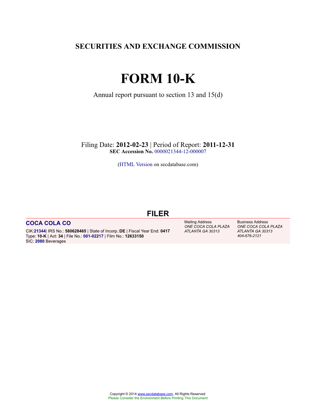COCA COLA CO Form 10-K Annual Report Filed 2012-02-23