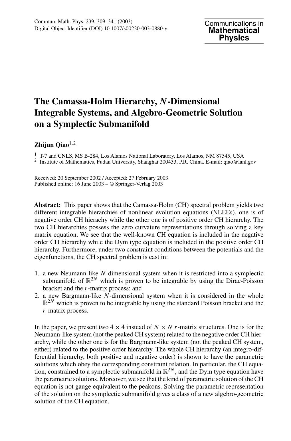 The Camassa-Holm Hierarchy, N-Dimensional Integrable Systems, and Algebro-Geometric Solution on a Symplectic Submanifold