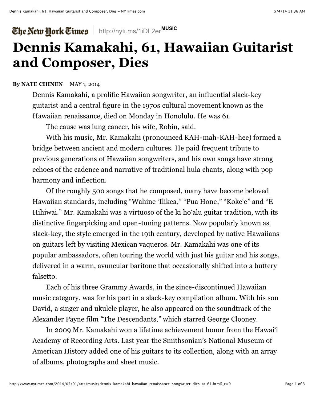 Dennis Kamakahi, 61, Hawaiian Guitarist and Composer, Dies - Nytimes.Com 5/4/14 11:36 AM