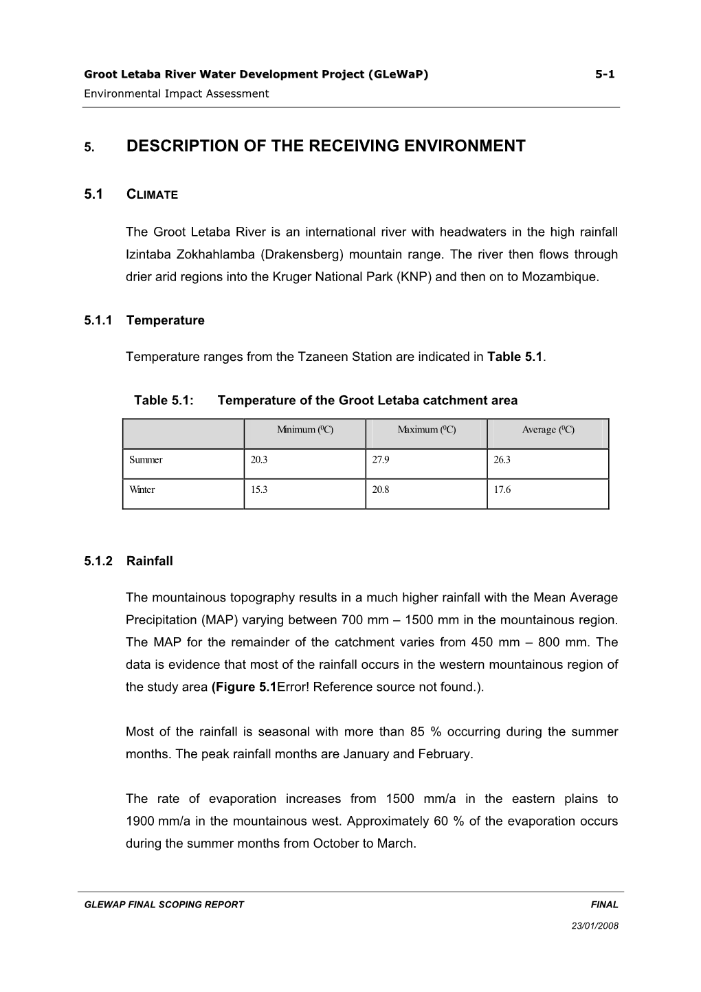 Groot Letaba River Water Development Project (Glewap) 5-1 Environmental Impact Assessment