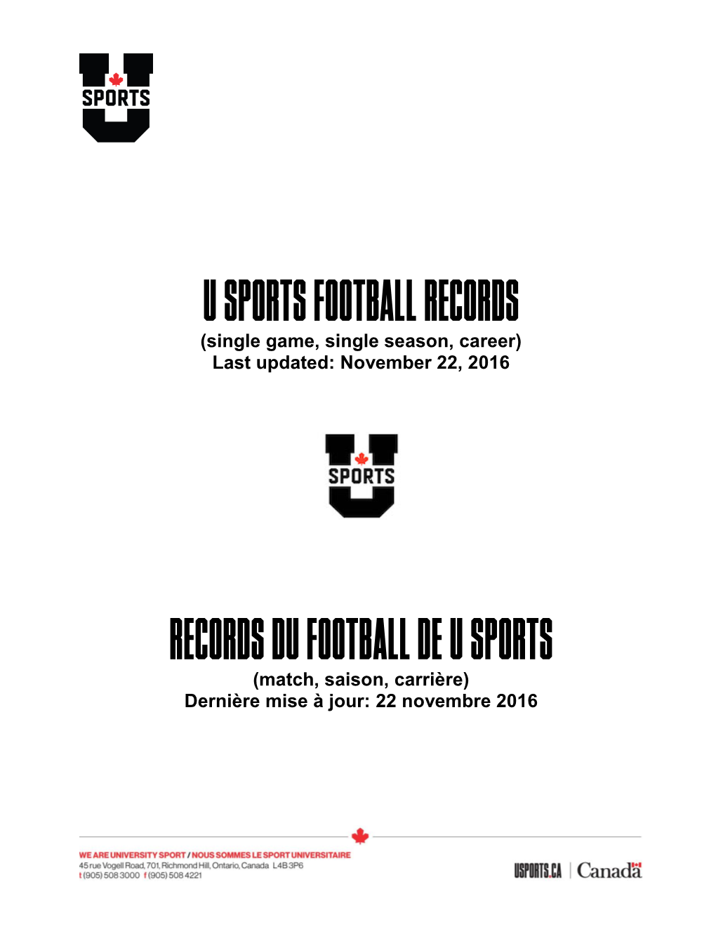 U SPORTS Football RECORDS RECORDS DU FOOTBALL DE U