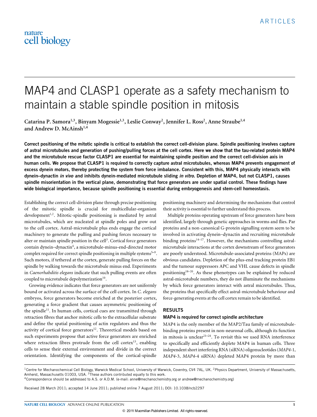 MAP4 and CLASP1 Operate As a Safety Mechanism to Maintain a Stable Spindle Position in Mitosis