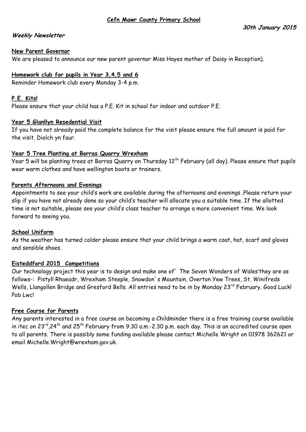 Cefn Mawr County Primary School 30Th January 2015 Weekly Newsletter
