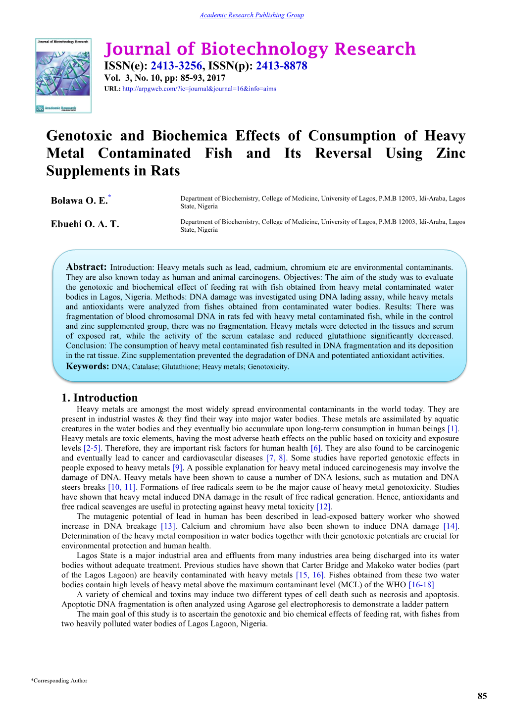 Journal of Biotechnology Research ISSN(E): 2413-3256, ISSN(P): 2413-8878 Vol