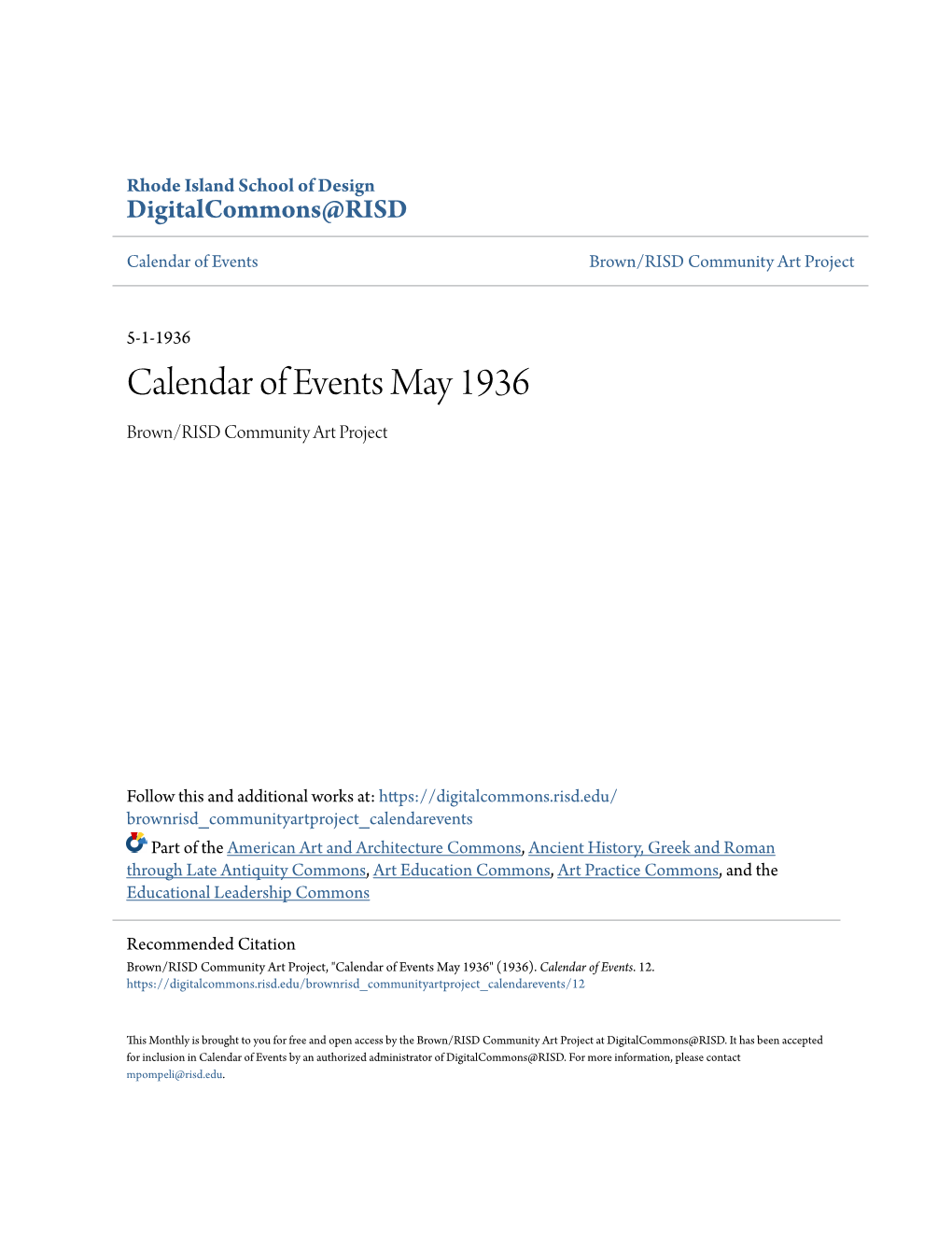 Calendar of Events May 1936 Brown/RISD Community Art Project