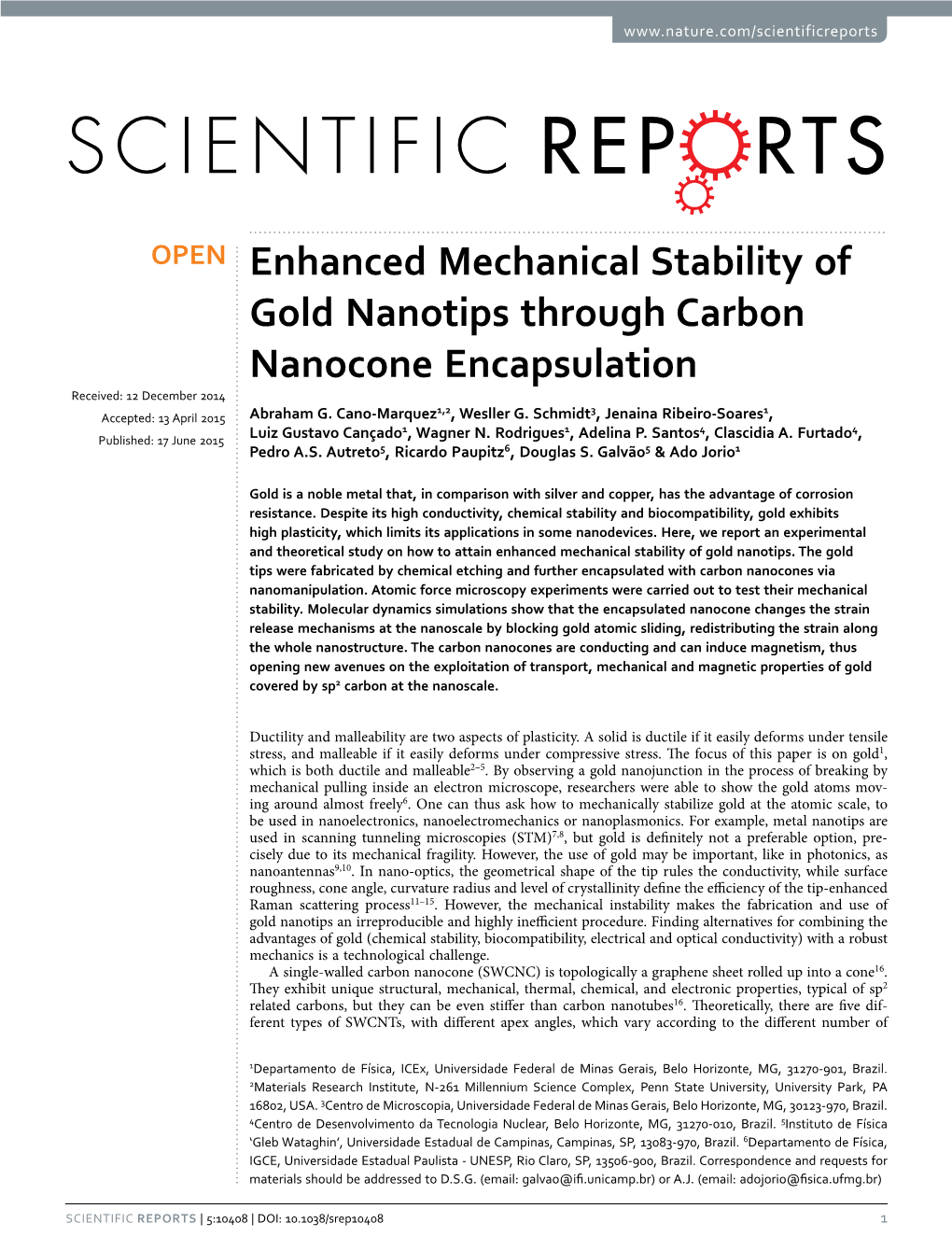 Enhanced Mechanical Stability of Gold Nanotips Through Carbon Nanocone Encapsulation Received: 12 December 2014 1,2 3 1 Accepted: 13 April 2015 Abraham G
