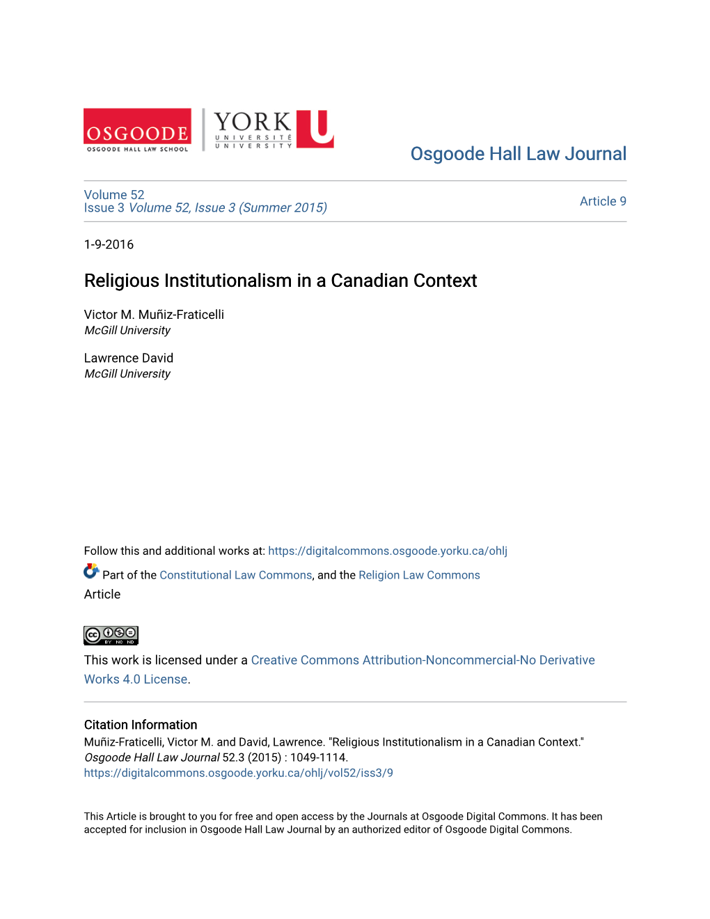 Religious Institutionalism in a Canadian Context