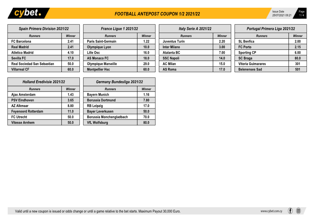 Football Antepost Coupon 1/2 2021/22 25/07/2021 09:21 1 / 4