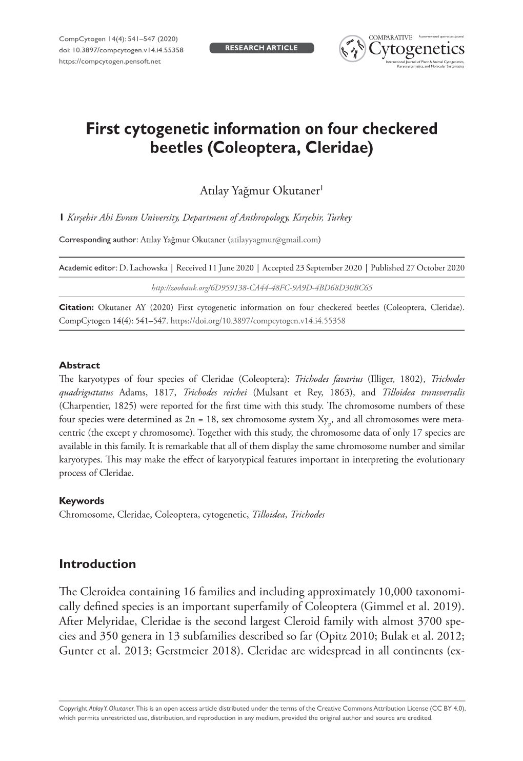 First Cytogenetic Information on Four Checkered Beetles (Coleoptera, Cleridae)