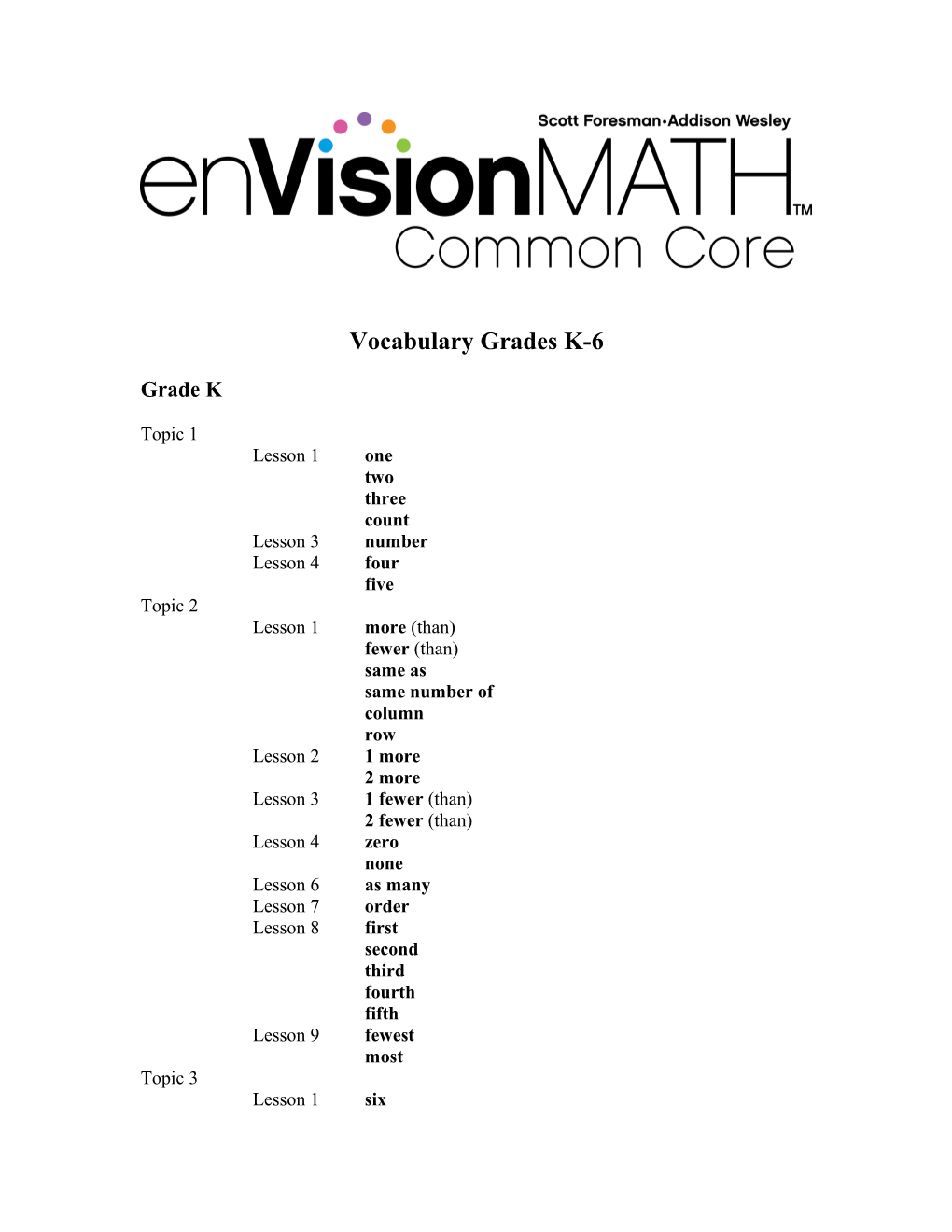 Envisionmath Common Core Vocabulary Grades K-6