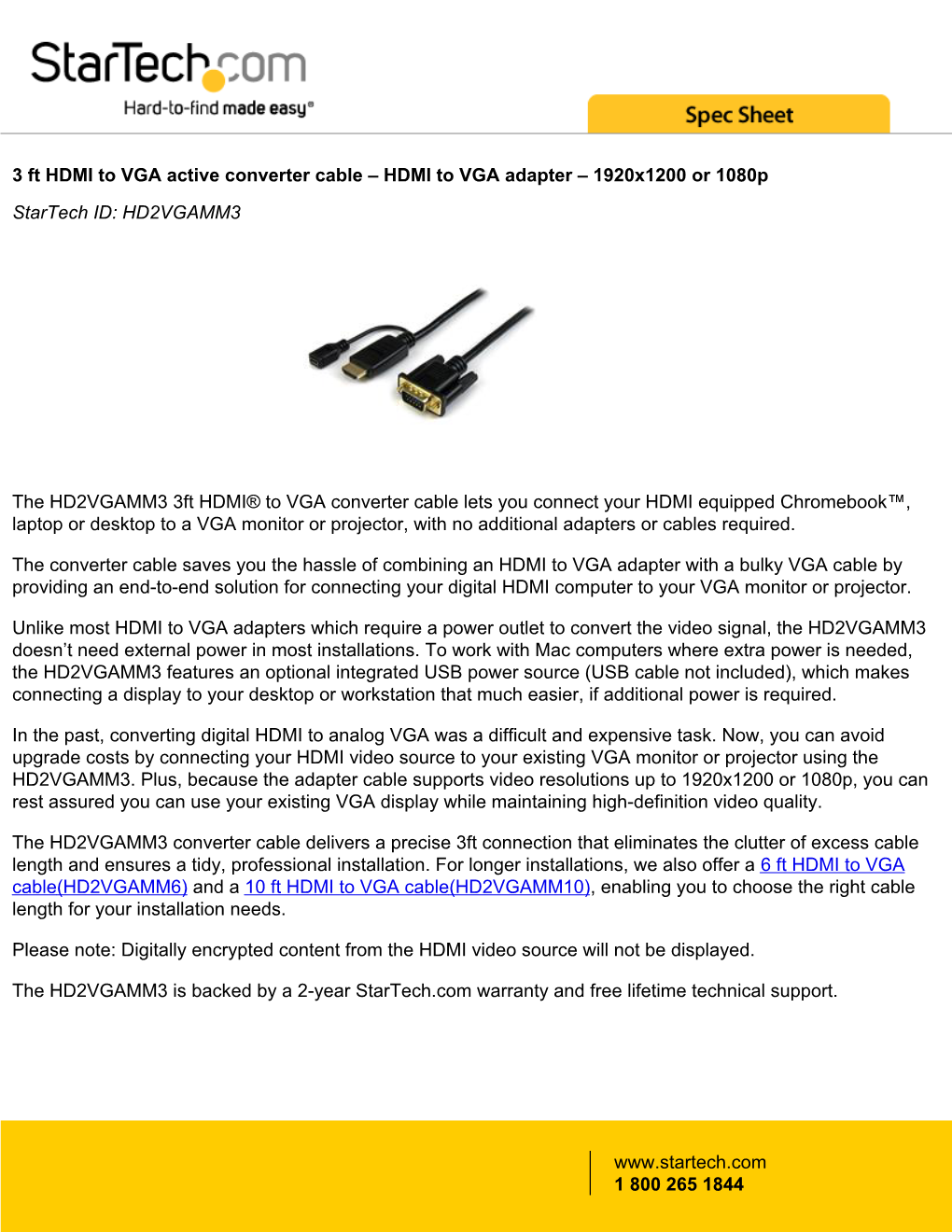 HDMI to VGA Adapter – 1920X1200 Or 1080P Startech ID: HD2VGAMM3