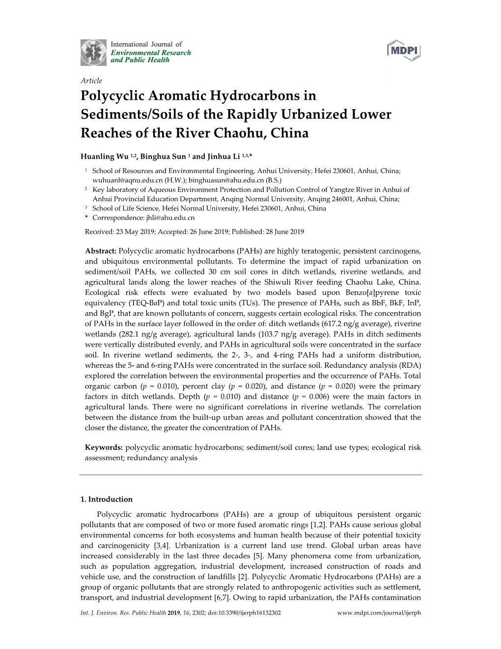 Polycyclic Aromatic Hydrocarbons in Sediments/Soils of the Rapidly Urbanized Lower Reaches of the River Chaohu, China