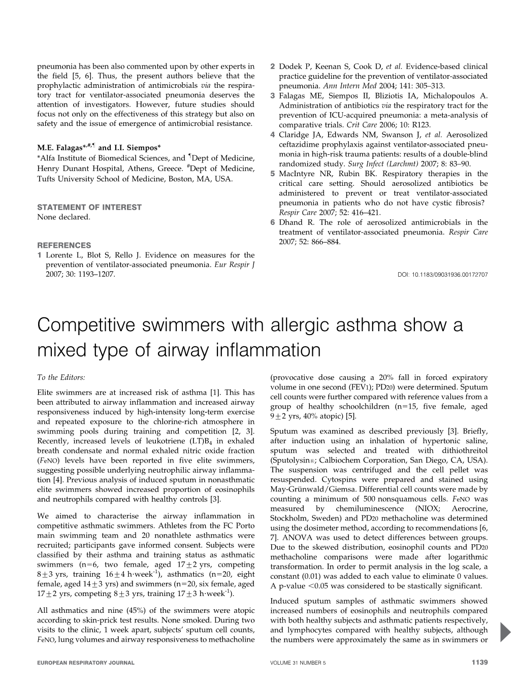 Competitive Swimmers with Allergic Asthma Show a Mixed Type of Airway Inflammation