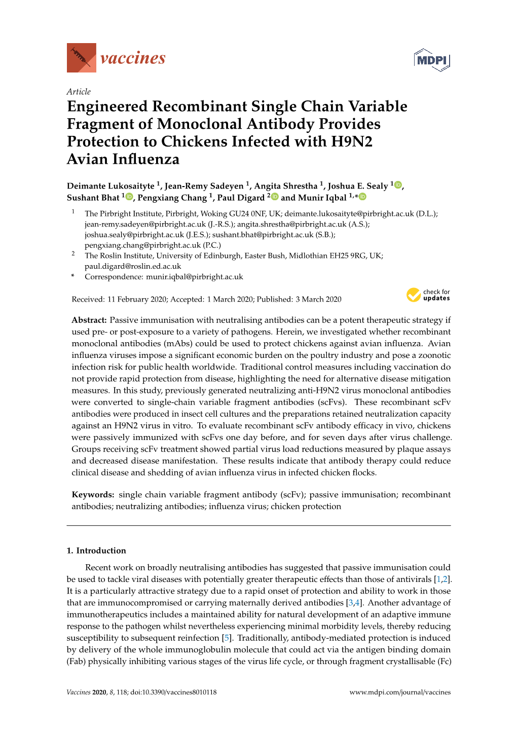 Engineered Recombinant Single Chain Variable Fragment of Monoclonal Antibody Provides Protection to Chickens Infected with H9N2 Avian Inﬂuenza