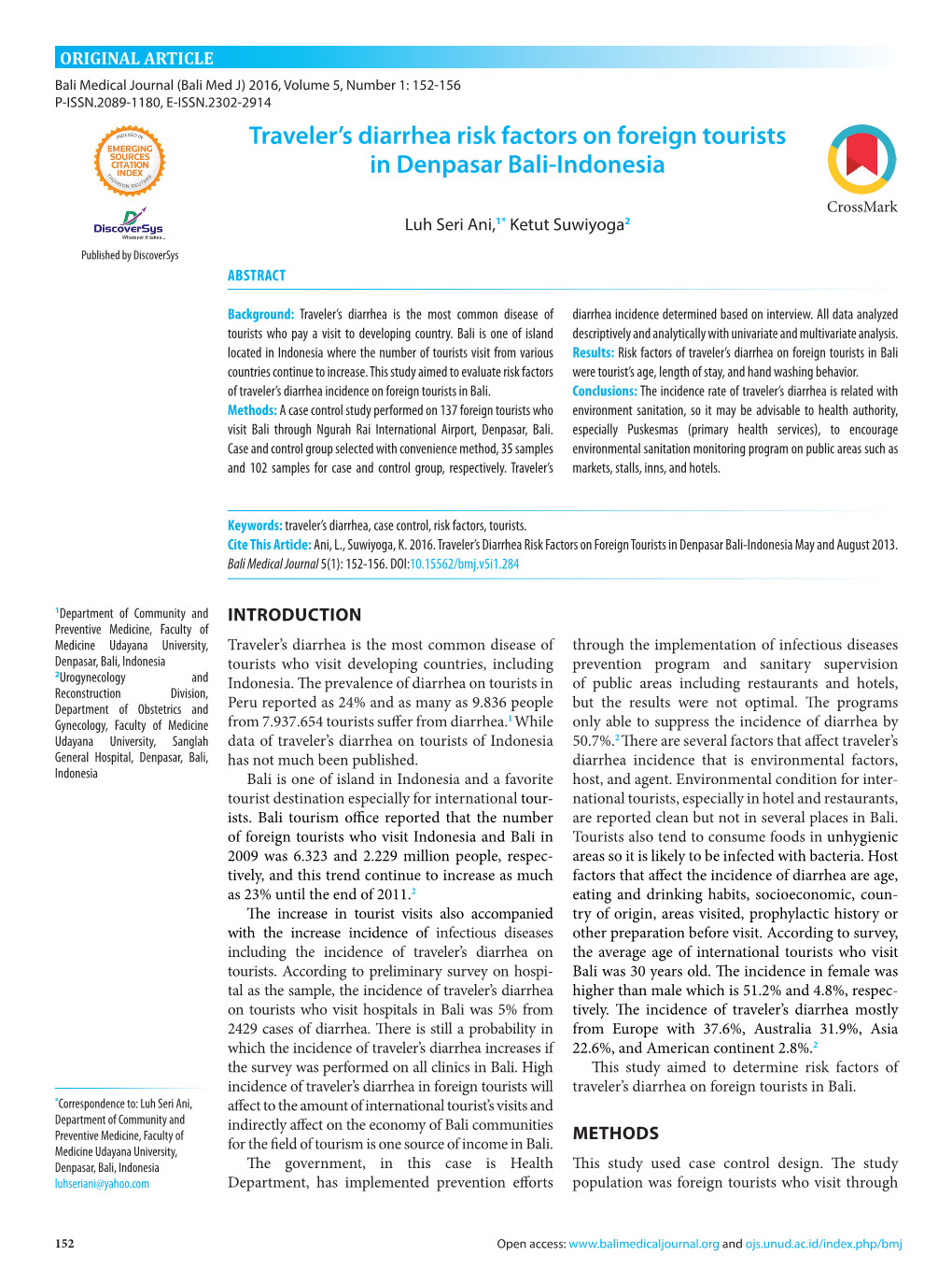 Traveler's Diarrhea Risk Factors on Foreign Tourists in Denpasar Bali-Indonesia .284