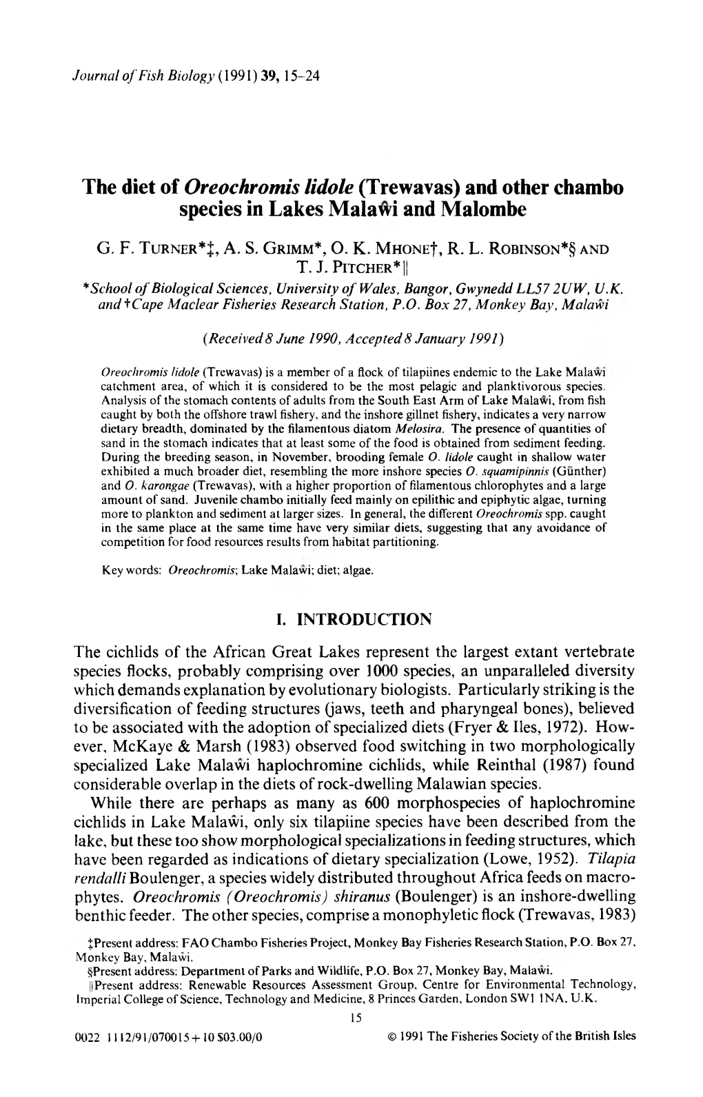 The Diet of Oreochromis Lidole (Trewavas) and Other Chambo Species in Lakes Malawi and Malombe