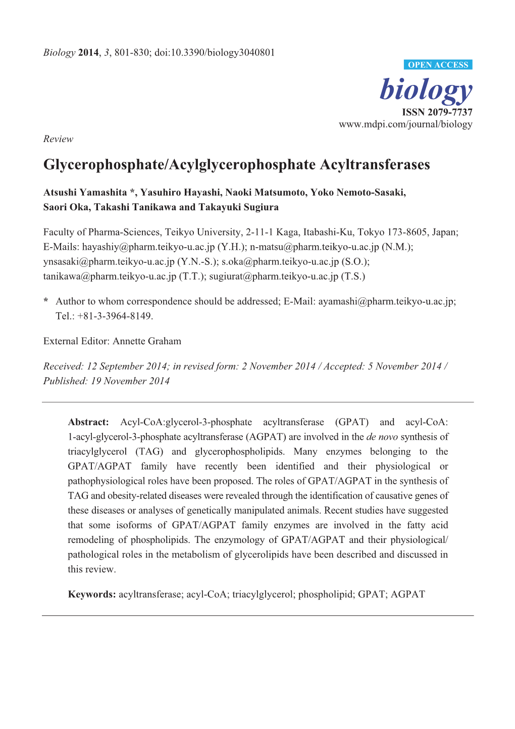 Glycerophosphate/Acylglycerophosphate Acyltransferases