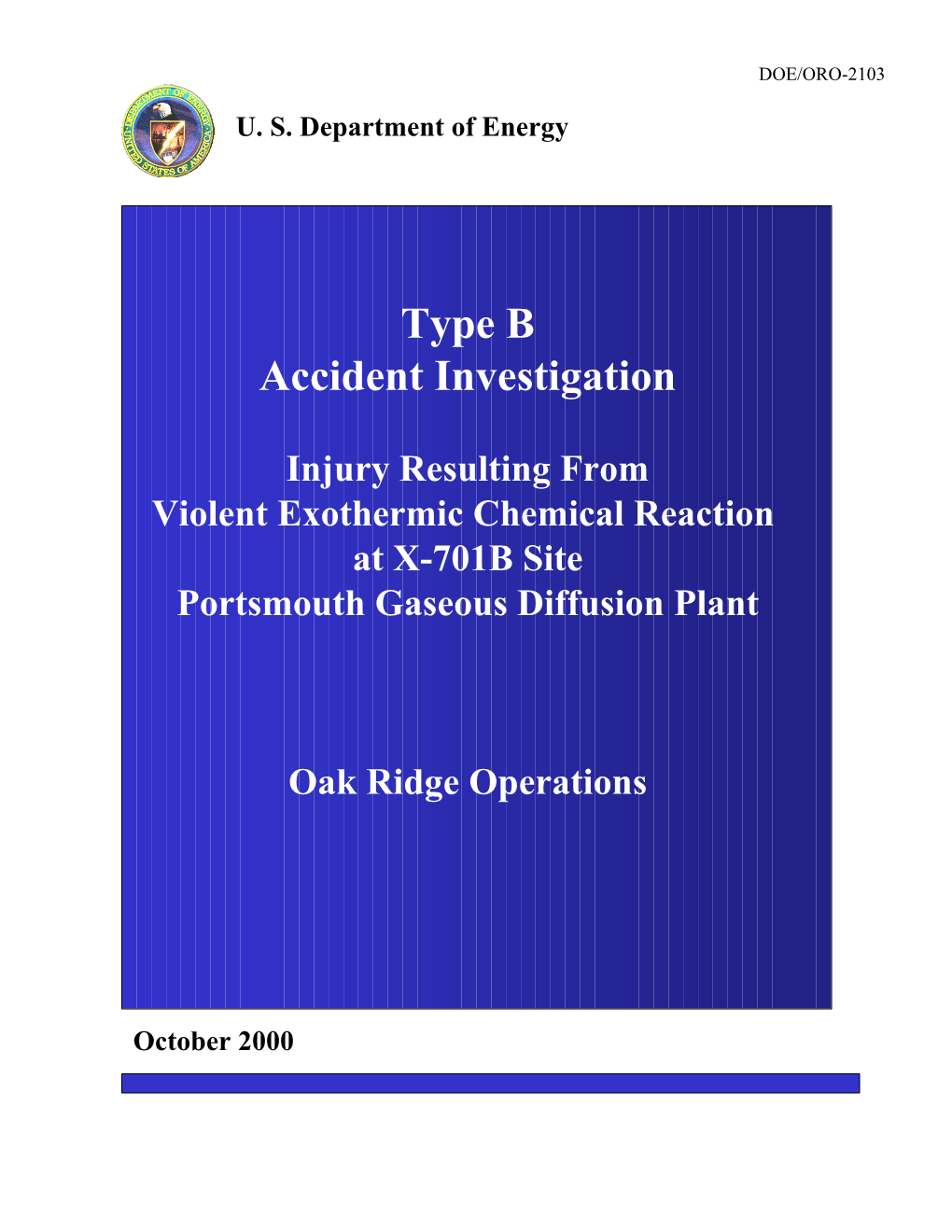 Type B Accident Investigation Injury Resulting from Violent Exothermic