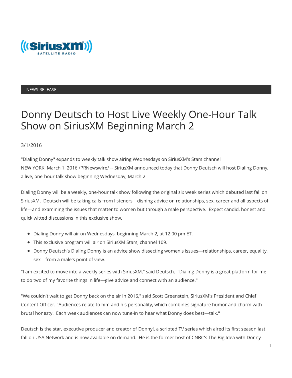 Donny Deutsch to Host Live Weekly One-Hour Talk Show on Siriusxm Beginning March 2