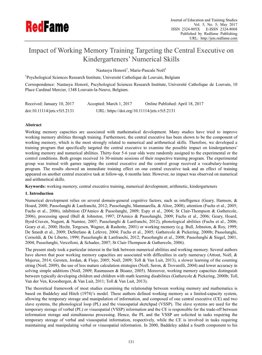 Impact of Working Memory Training Targeting the Central Executive on Kindergarteners’ Numerical Skills