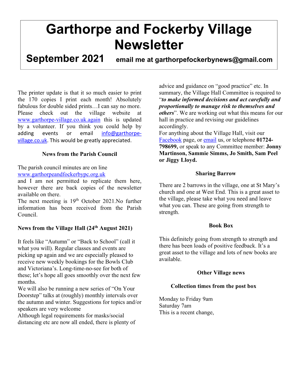 Garthorpe and Fockerby Village Newsletter September 2021 Email Me at Garthorpefockerbynews@Gmail.Com