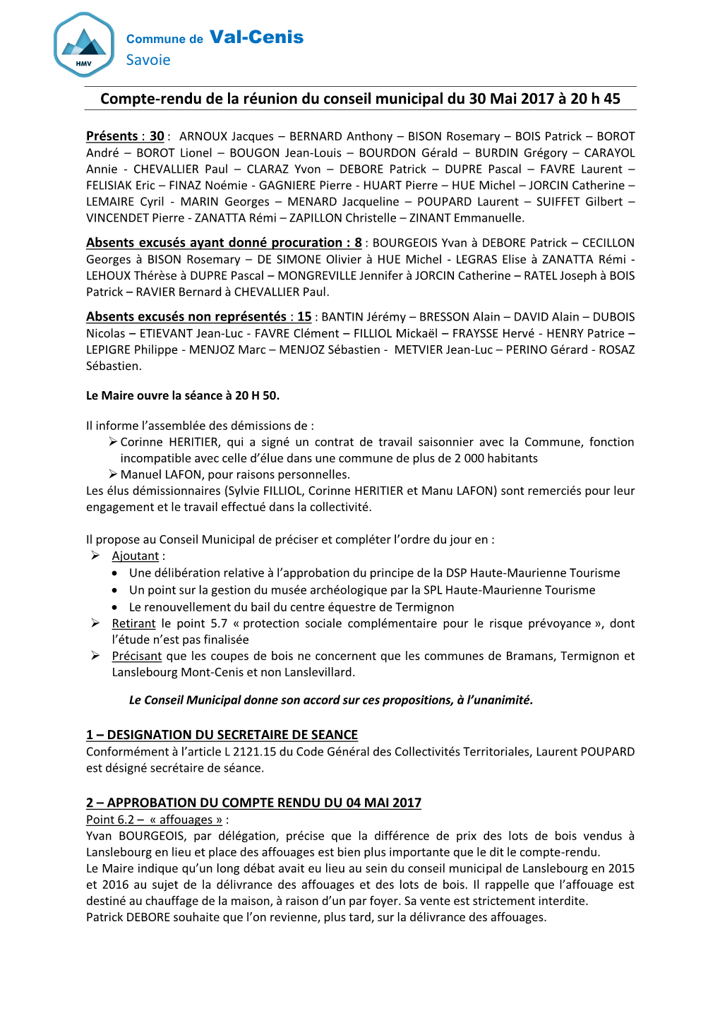 Savoie Compte-Rendu De La Réunion Du Conseil Municipal Du 30 Mai 2017 À 20 H 45