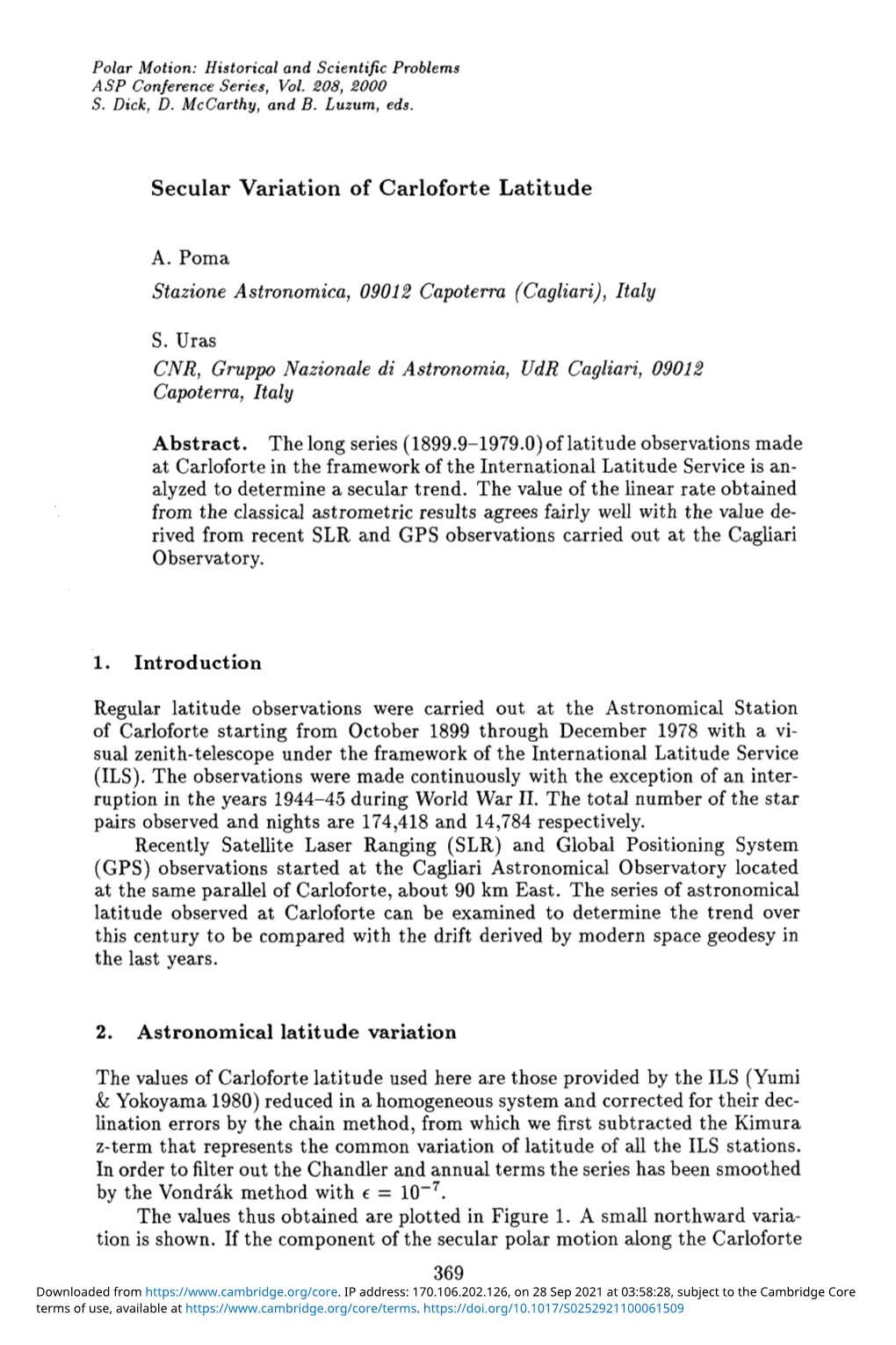 Secular Variation of Carloforte Latitude A. Poma Stazione