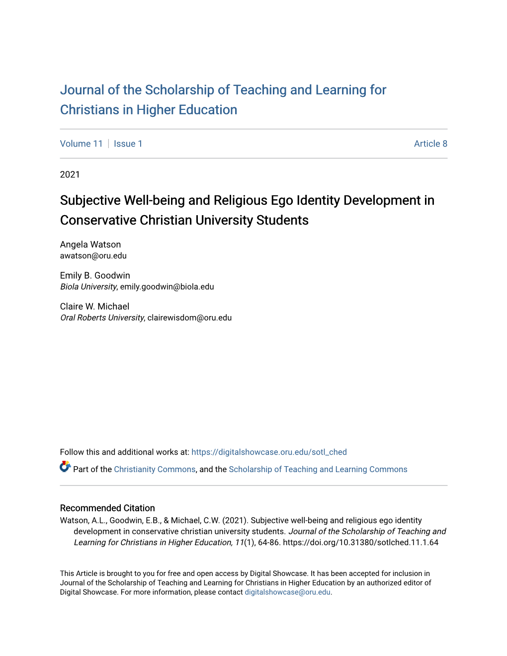 Subjective Well-Being and Religious Ego Identity Development in Conservative Christian University Students