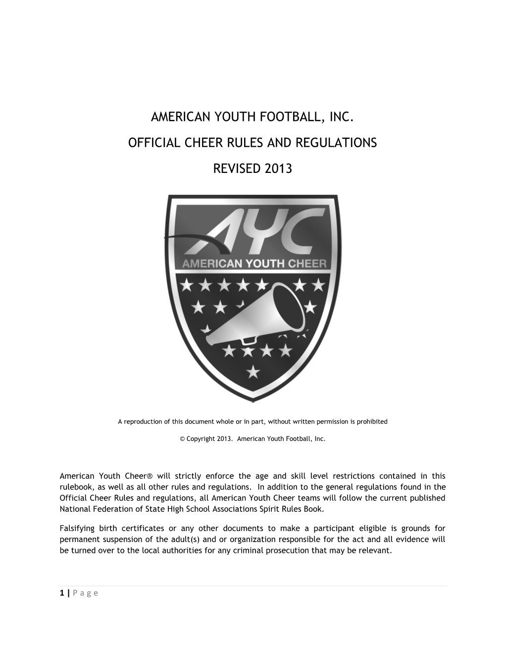 American Youth Football, Inc. Official Cheer Rules and Regulations Revised 2013