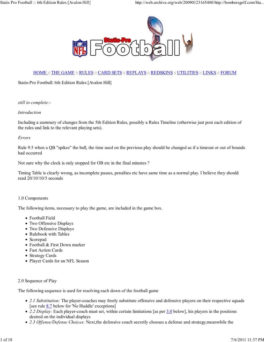 Statis Pro Football :: 6Th Edition Rules [Avalon Hill]