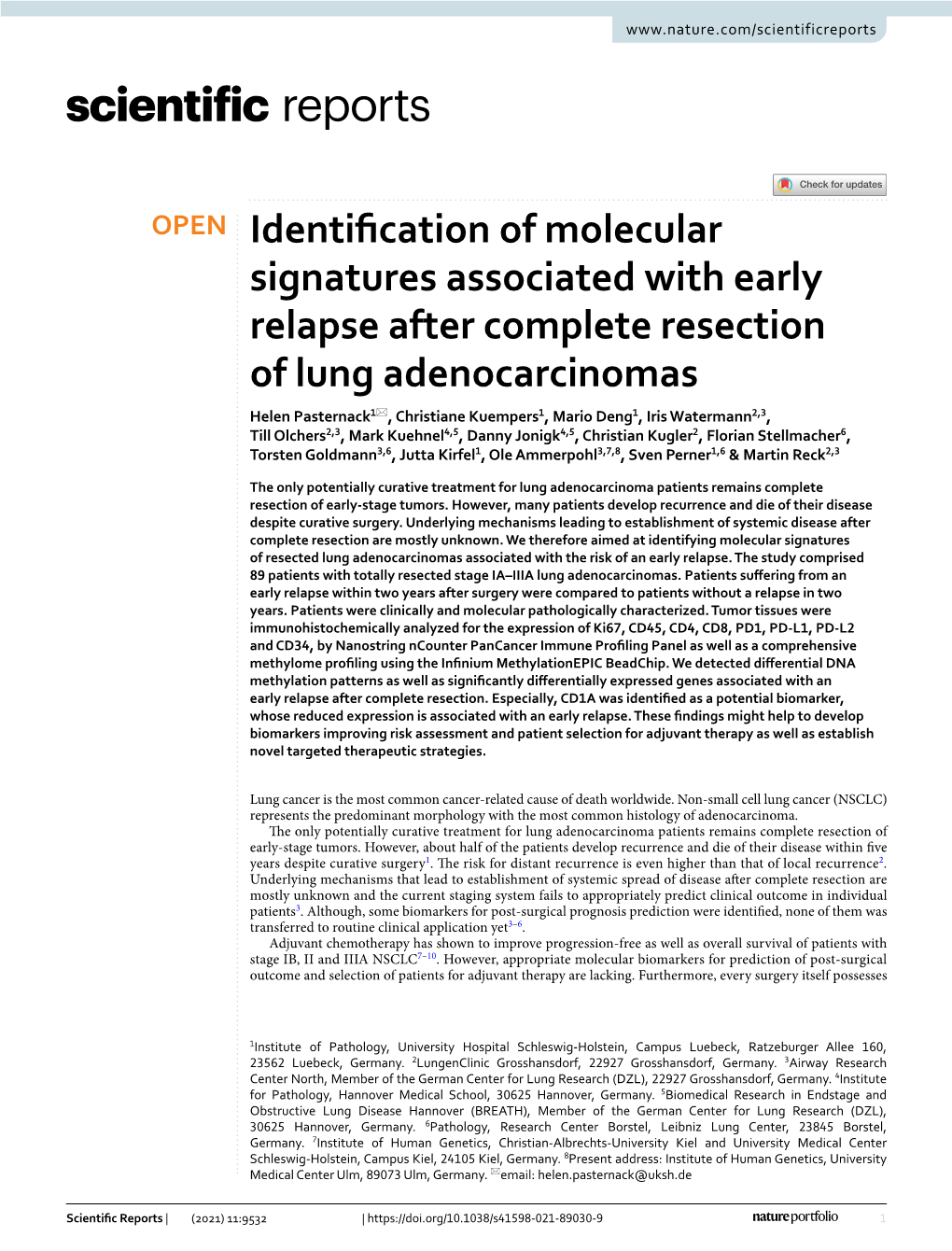 Identification of Molecular Signatures Associated with Early Relapse After