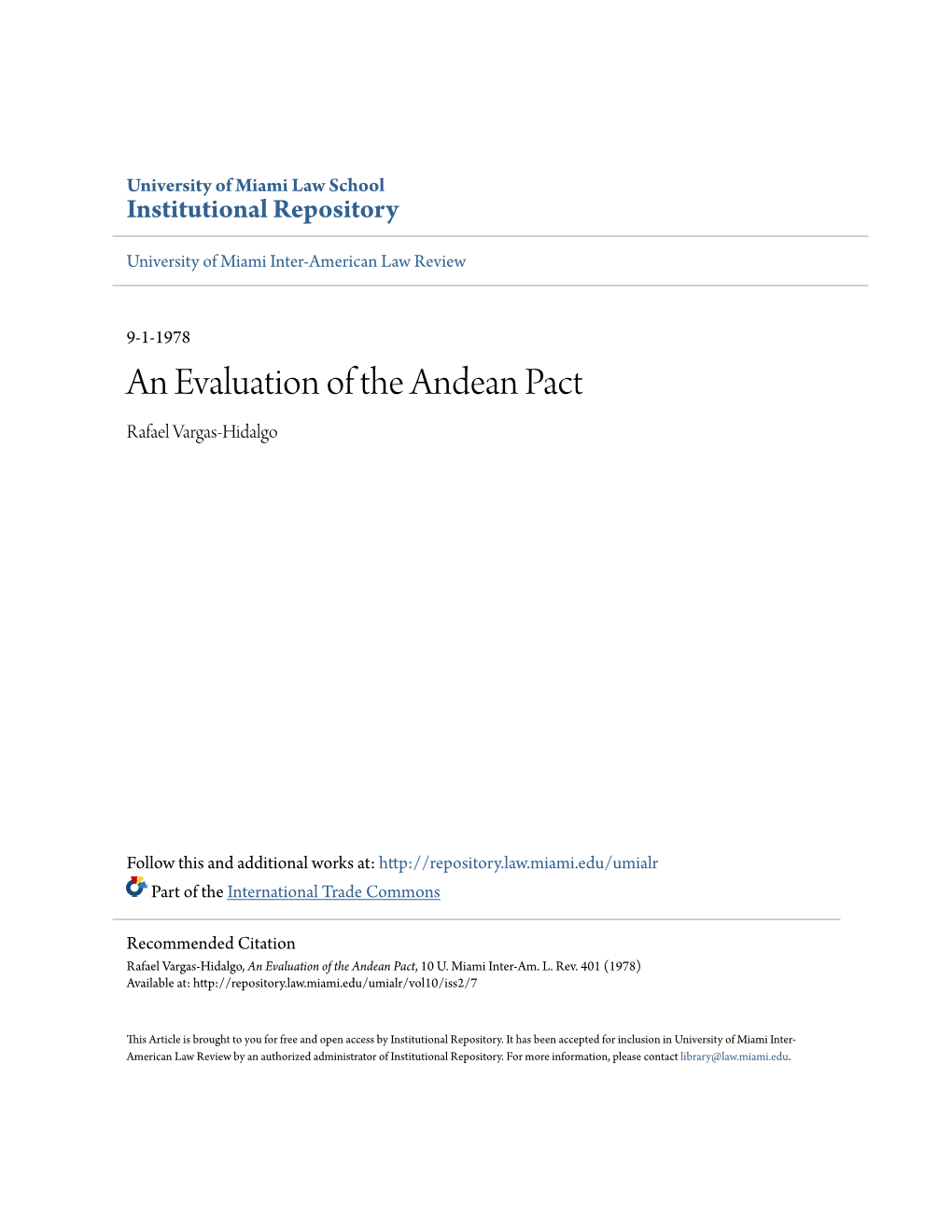 An Evaluation of the Andean Pact Rafael Vargas-Hidalgo