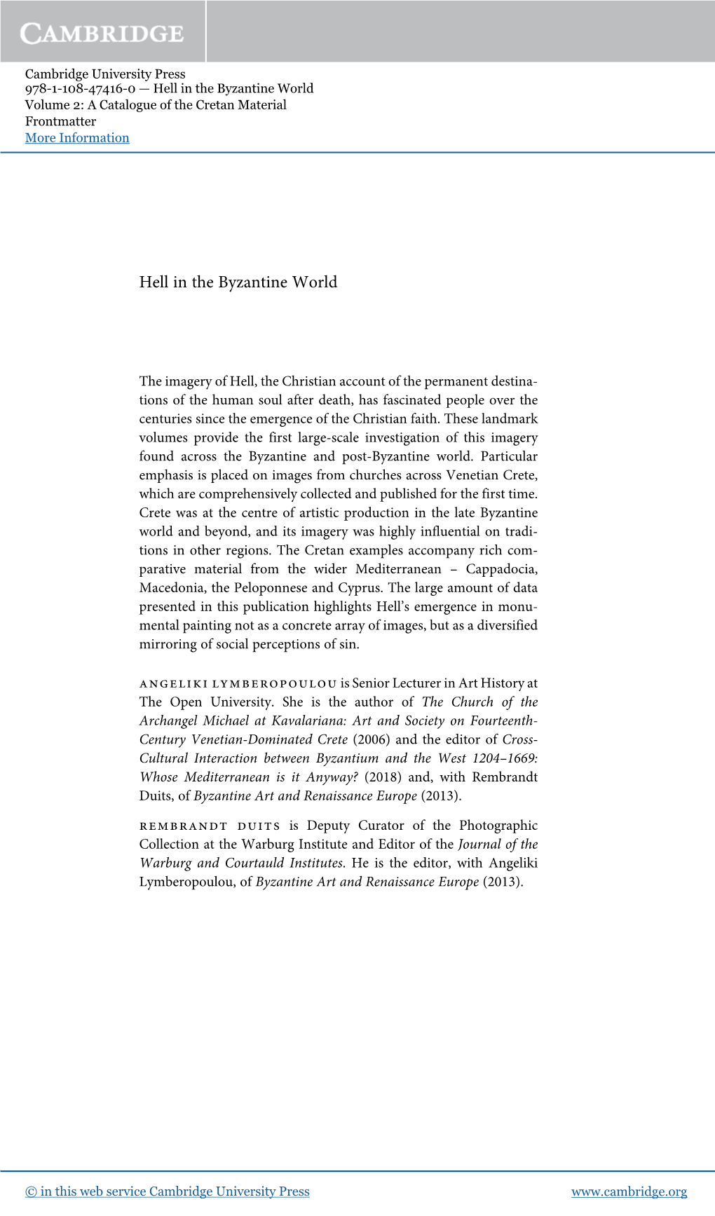 Hell in the Byzantine World Volume 2: a Catalogue of the Cretan Material Frontmatter More Information