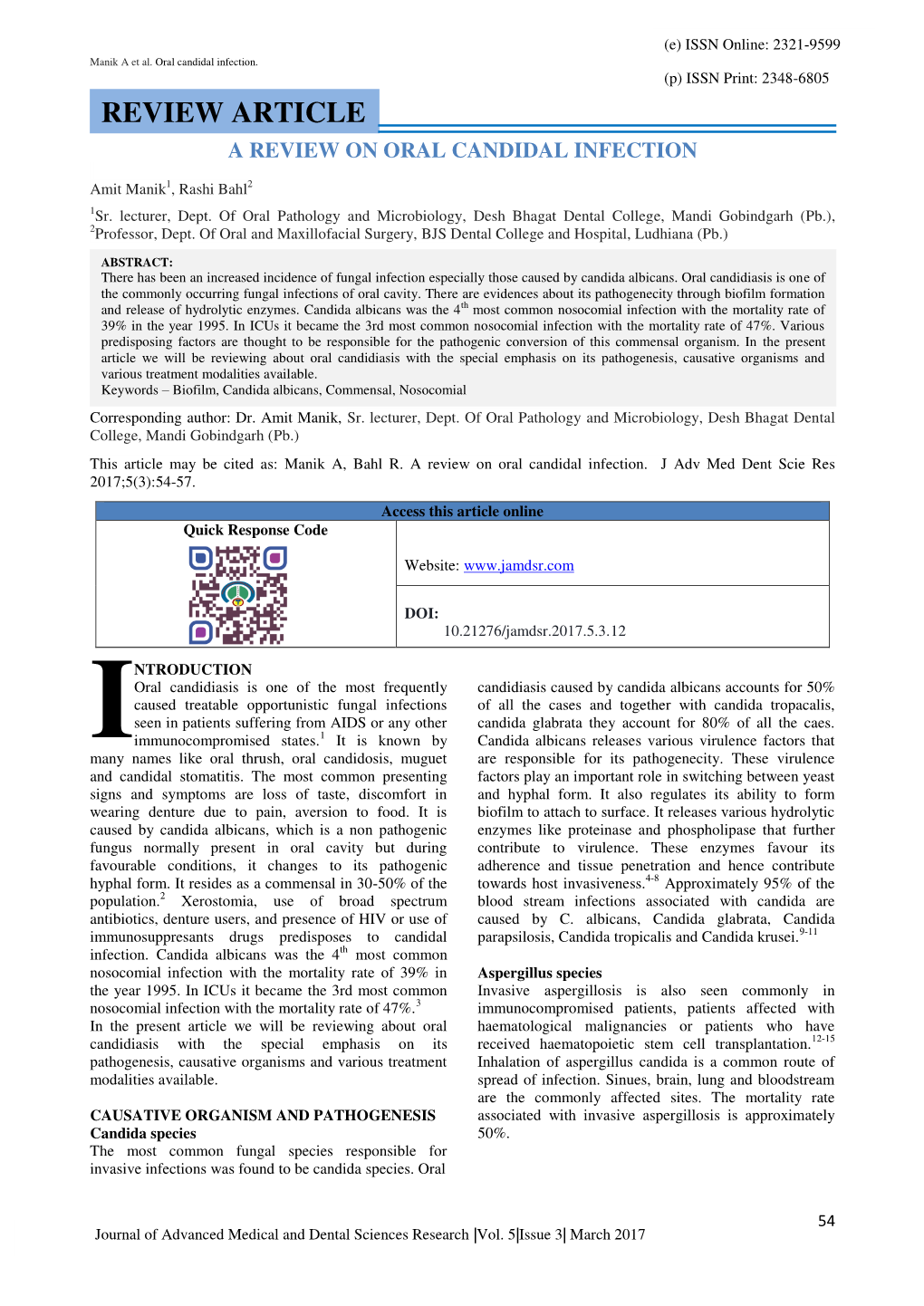 Review Article a Review on Oral Candidal Infection