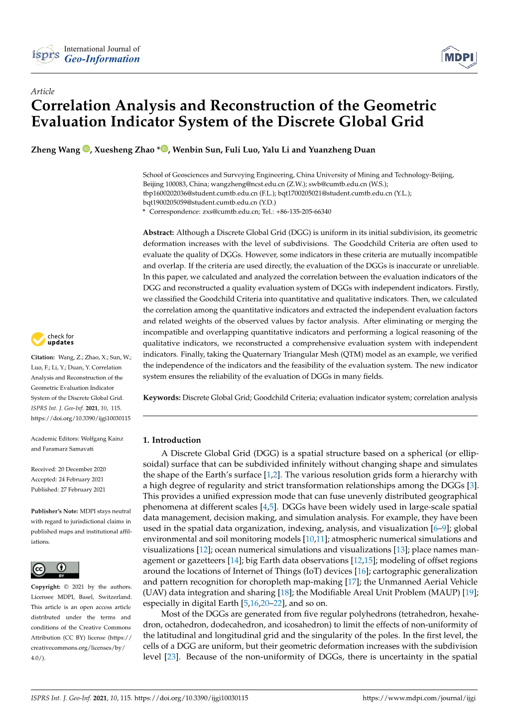 Correlation Analysis and Reconstruction of the Geometric Evaluation Indicator System of the Discrete Global Grid