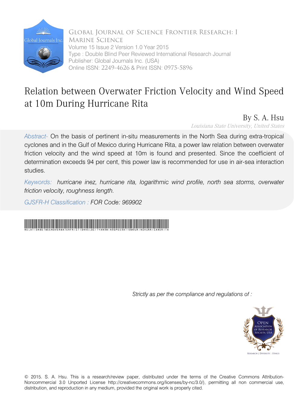 Relation Between Overwater Friction Velocity and Wind Speed at 10M During Hurricane Rita by S