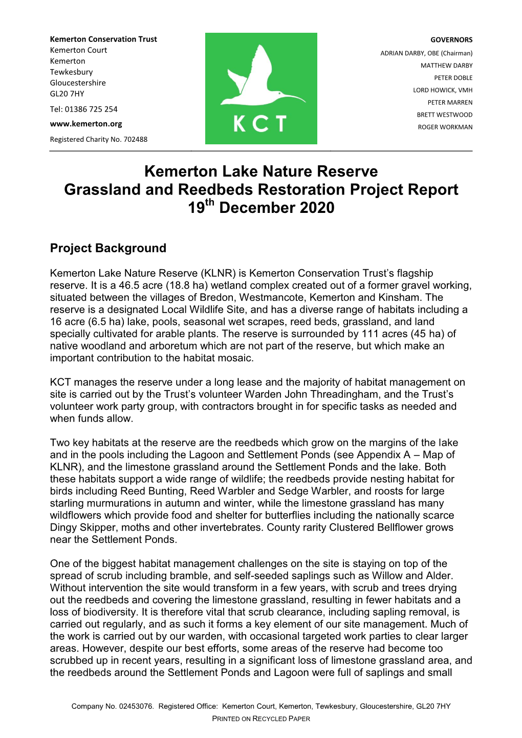 Kemerton Lake Nature Reserve Grassland and Reedbeds Restoration Project Report 19Th December 2020