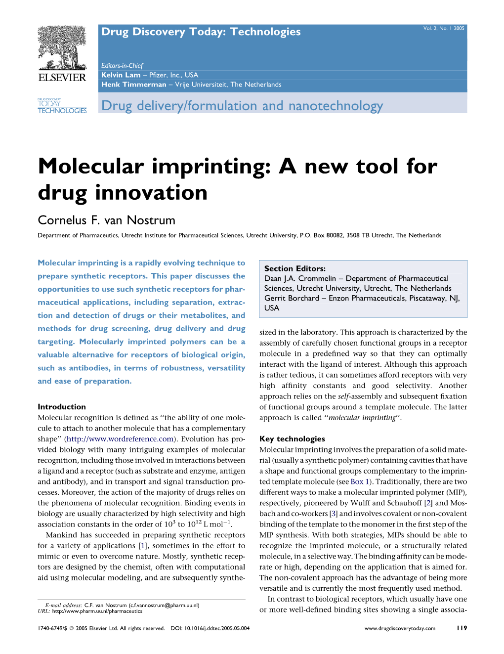 Molecular Imprinting: a New Tool for Drug Innovation Cornelus F