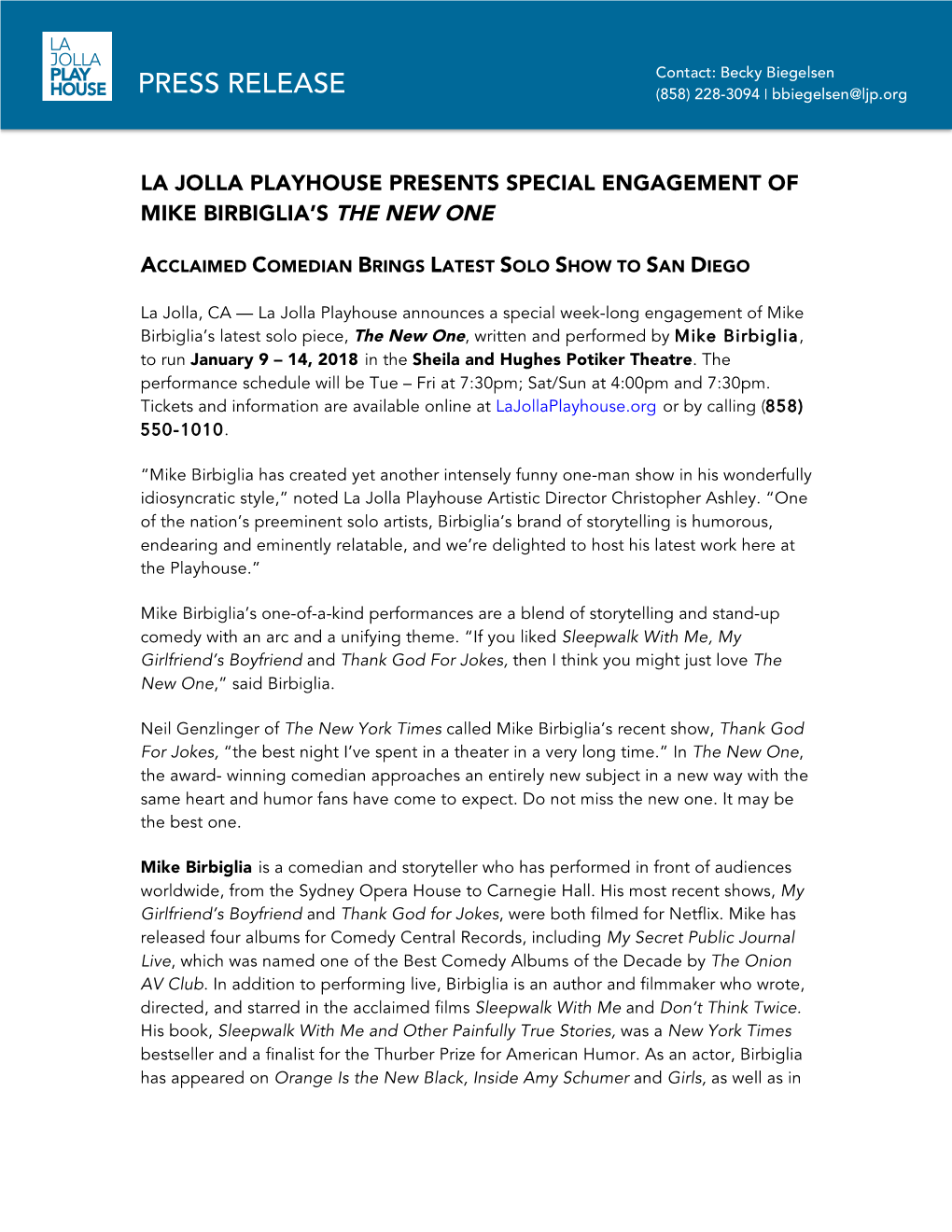 La Jolla Playhouse Presents Special Engagement of Mike Birbiglia's The