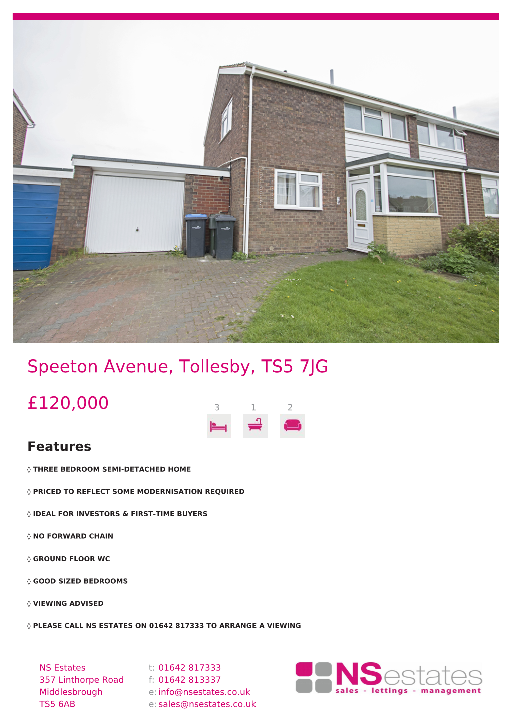 Speeton Avenue, Tollesby, TS5 7JG £120,000
