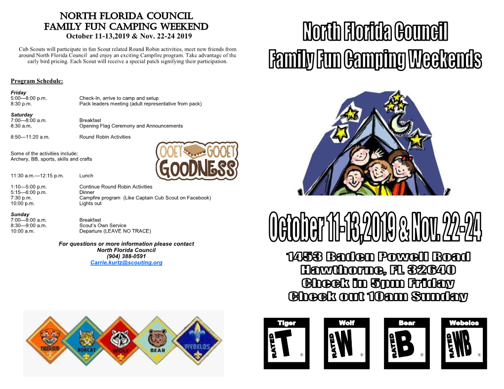 North Florida Council Family Fun Camping Weekend October 11-13,2019 & Nov