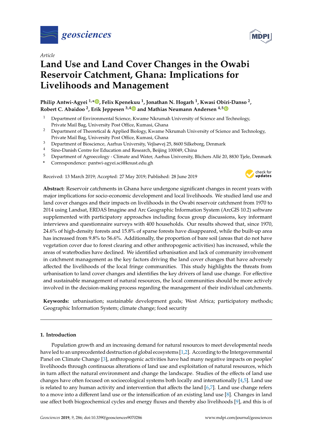 Land Use and Land Cover Changes in the Owabi Reservoir Catchment, Ghana: Implications for Livelihoods and Management