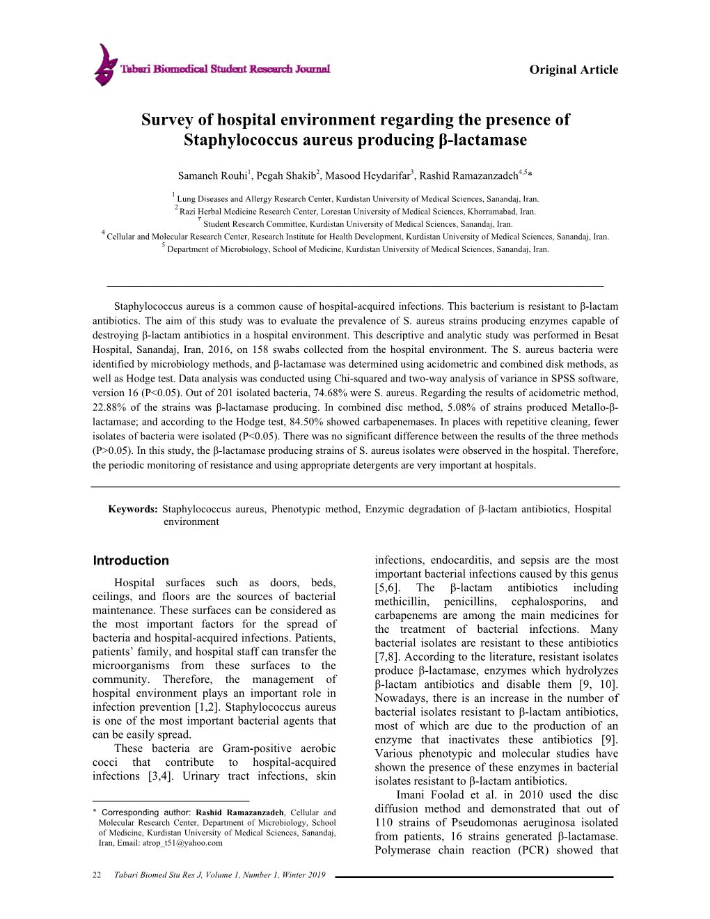 Survey of Hospital Environment Regarding the Presence of Staphylococcus Aureus Producing Β-Lactamase