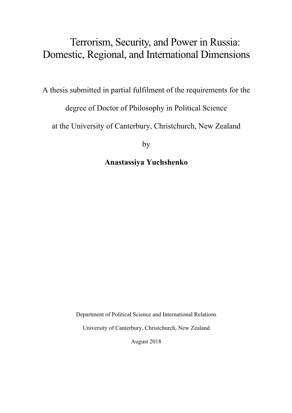 Terrorism, Security, and Power in Russia: Domestic, Regional, and International Dimensions