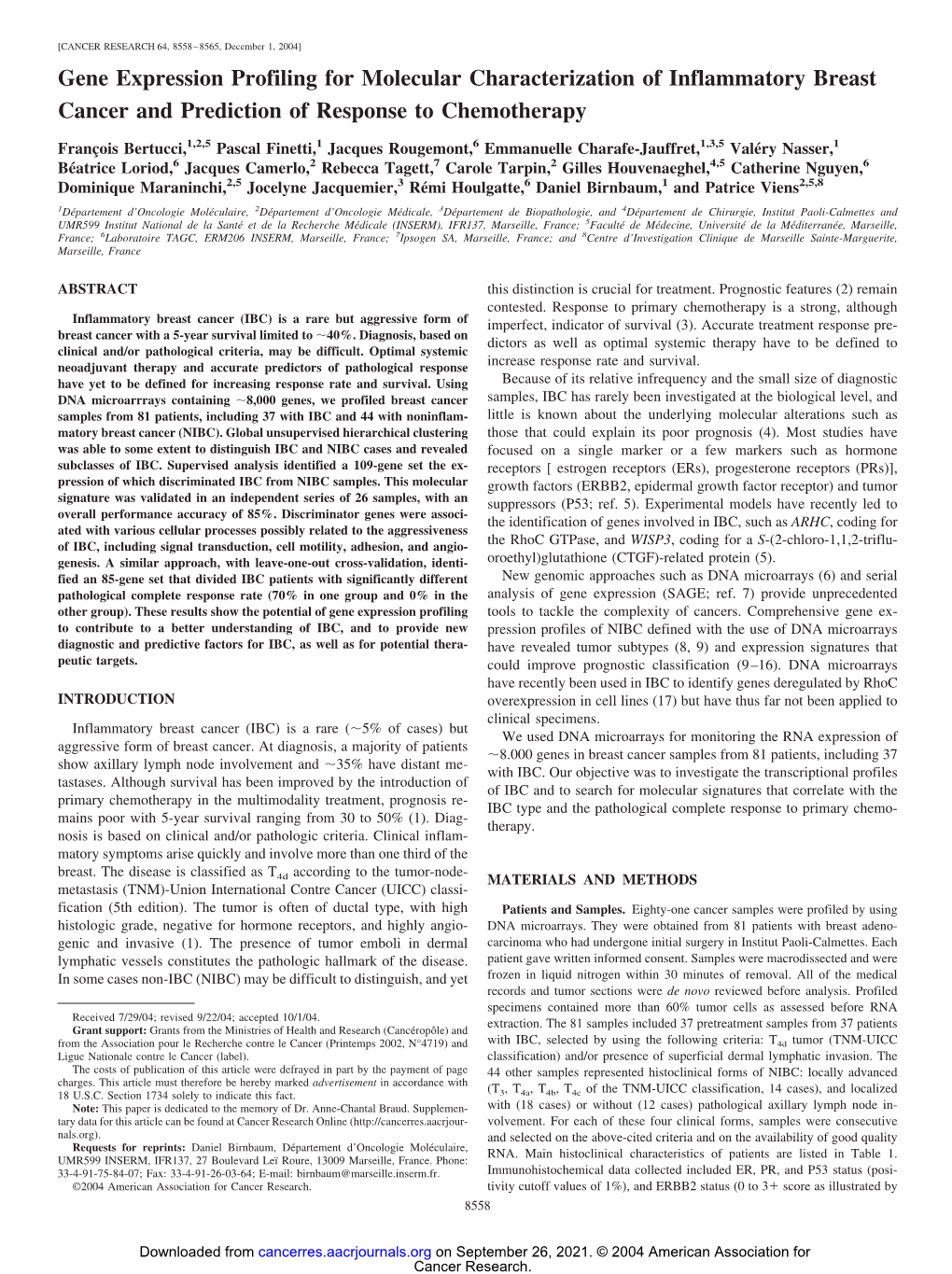 Gene Expression Profiling for Molecular Characterization of Inflammatory Breast Cancer and Prediction of Response to Chemotherapy