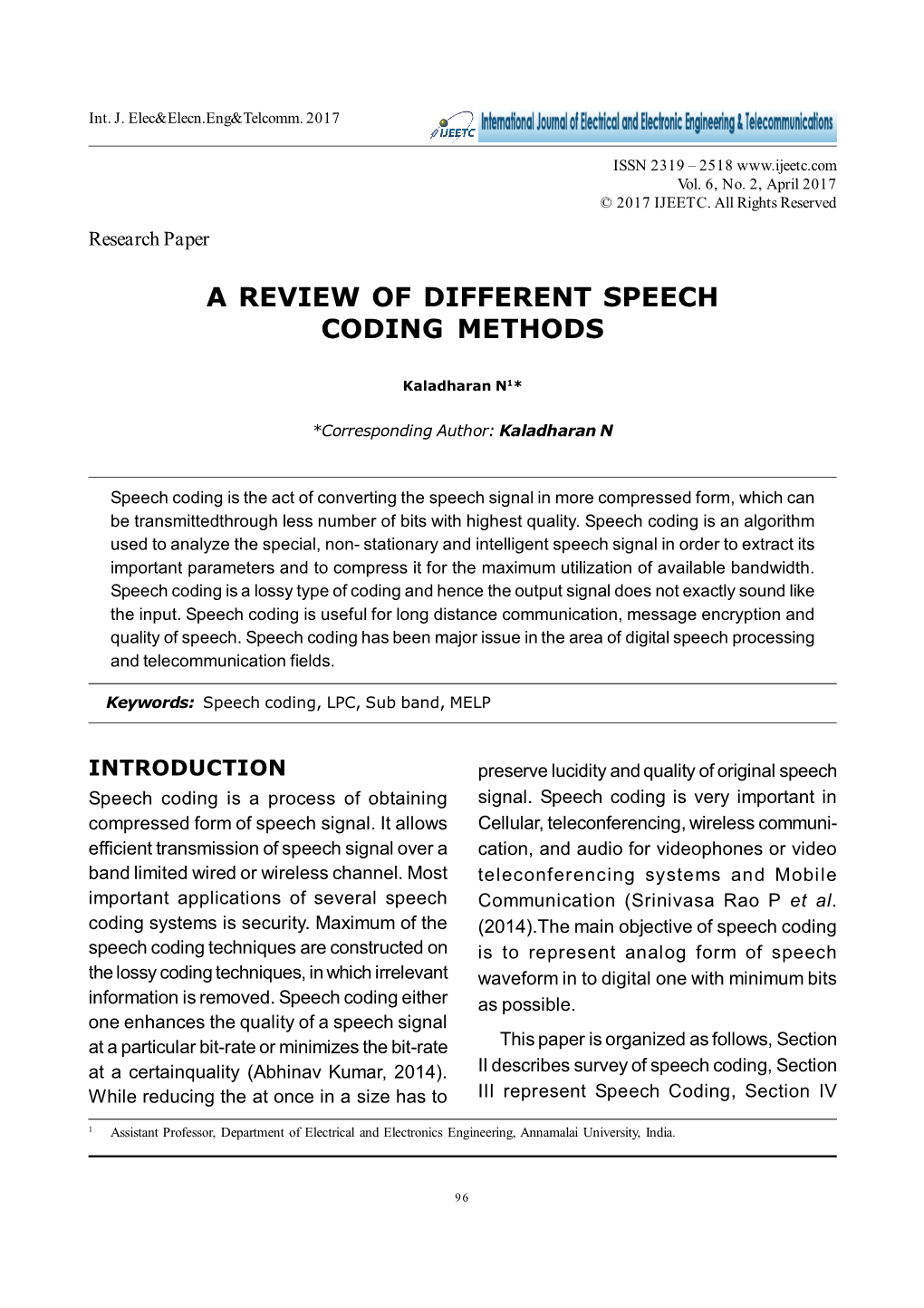 A Review of Different Speech Coding Methods